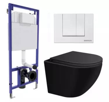 Комплект 3 в 1 инсталляция Berges Wasserhaus Novum 040241 + Подвесной унитаз SinteSi EVI + кнопка белая