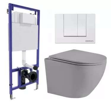 Комплект 3 в 1 инсталляция Berges Wasserhaus Novum 040241 + Унитаз подвесной Weltwasser WW Merzbach 043 MT-GR + кнопка белая