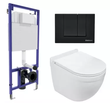Комплект 3 в 1 инсталляция Berges Wasserhaus Novum 040245 + Подвесной унитаз WeltWasser Heimbach 043 GL-WT + кнопка черная 040245+10000008260