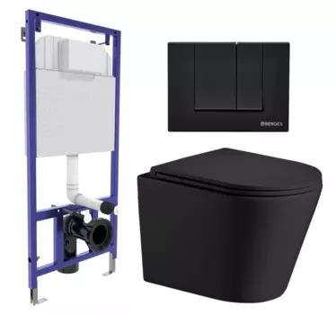 Комплект 3 в 1 инсталляция Berges Wasserhaus Novum 040245 + Подвесной унитаз WeltWasser Salzbach 043 MT-BL + кнопка черная