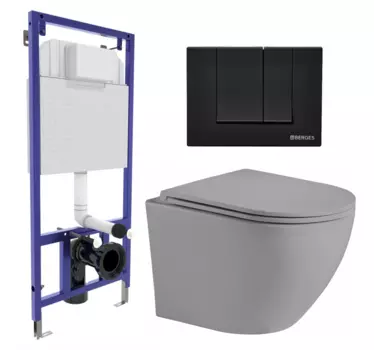 Комплект 3 в 1 инсталляция Berges Wasserhaus Novum 040245 + Унитаз подвесной Weltwasser WW Merzbach 043 MT-GR + кнопка черная 040245+10000009941