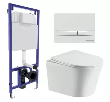 Комплект 3 в 1 инсталляция Berges Wasserhaus Novum 040250 + Подвесной унитаз CeruttiSpa Adige Aria CT7837 + кнопка белая 040250+7837