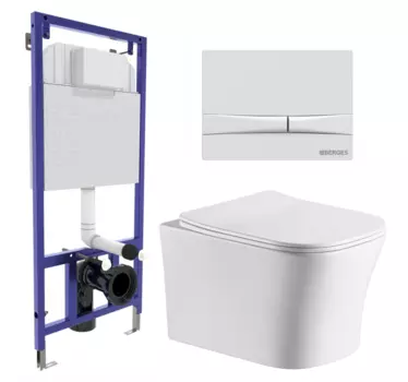 Комплект 3 в 1 инсталляция Berges Wasserhaus Novum 040250 + Подвесной унитаз CeruttiSpa Marmolada aria CT7778 + кнопка белая 040250+7778