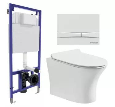 Комплект 3 в 1 инсталляция Berges Wasserhaus Novum 040250 + Подвесной безободковый унитаз CeruttiSpa Bernina aria CT7191 + кнопка белая 040250+7191