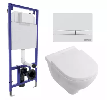 Комплект 3 в 1 инсталляция Berges Wasserhaus Novum 040250 + Унитаз подвесной Villeroy & Boch O Novo Directflush + кнопка белая 040250+5660HR01