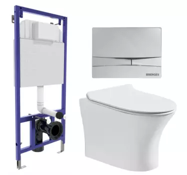 Комплект 3 в 1 инсталляция Berges Wasserhaus Novum 040253 + Подвесной безободковый унитаз CeruttiSpa Bernina aria CT7191 + кнопка хром 040253+7191
