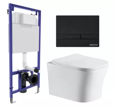 Комплект 3 в 1 инсталляция Berges Wasserhaus Novum 040255 + Подвесной унитаз CeruttiSpa Marmolada aria CT7778 + кнопка черная 040255+7778