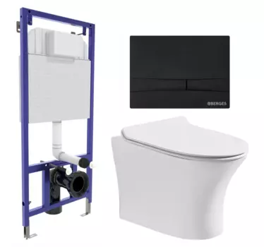 Комплект 3 в 1 инсталляция Berges Wasserhaus Novum 040255 + Подвесной безободковый унитаз CeruttiSpa Bernina aria CT7191 + кнопка черная 040255+7191
