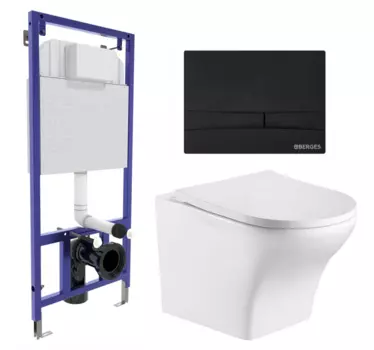 Комплект 3 в 1 инсталляция Berges Wasserhaus Novum 040255 + Подвесной унитаз WeltWasser Odenbach 004 GL-WT + кнопка черная 040255+10000003704