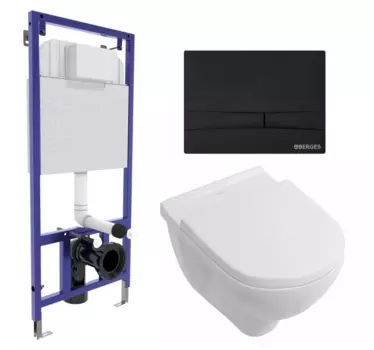 Комплект 3 в 1 инсталляция Berges Wasserhaus Novum 040255 + Унитаз подвесной Villeroy & Boch O Novo Directflush + кнопка черная 040255+5660HR01