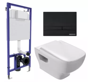Комплект 3 в 1 инсталляция Berges Wasserhaus Novum 040255 + Унитаз подвесной Jacob Delafon Struktura EDE102-00 + кнопка черная 040255+EDE102-00+E20606-00