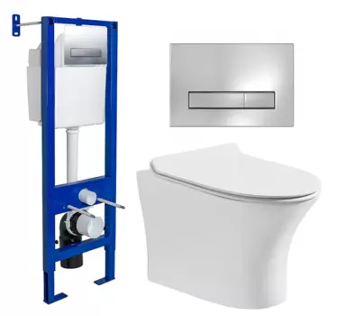 Комплект 3 в 1 инсталляция Berges Wasserhaus Atom Line 410 + Подвесной безободковый унитаз CeruttiSpa Bernina aria CT7191 + кнопка хром 040338+7191