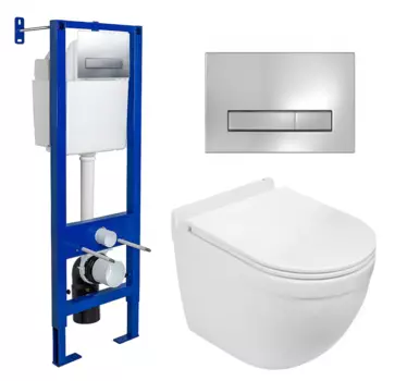 Комплект 3 в 1 инсталляция Berges Wasserhaus Atom Line 410 + Подвесной унитаз WeltWasser Heimbach 043 GL-WT + кнопка хром 040338+10000011192