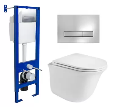 Комплект 3 в 1 инсталляция Berges Wasserhaus Atom Line 410 + Подвесной унитаз WeltWasser Telbach 004 GL-WT + кнопка хром 040338+10000003668