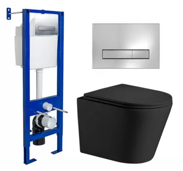 Комплект 3 в 1 инсталляция Berges Wasserhaus Atom Line 410 + Подвесной унитаз WeltWasser Salzbach 043 MT-BL + кнопка хром 040338+10000008258
