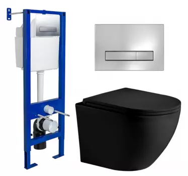 Комплект 3 в 1 инсталляция Berges Wasserhaus Atom Line 410 + Унитаз подвесной Weltwasser WW Merzbach 043 MT-BL + кнопка хром 040338+10000009940