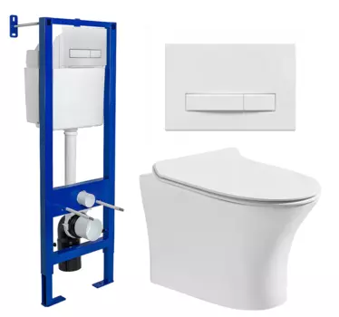 Комплект 3 в 1 инсталляция Berges Wasserhaus Atom Line 410 + Подвесной безободковый унитаз CeruttiSpa Bernina aria CT7191 + кнопка белая 040339+7191