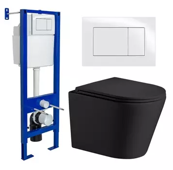 Комплект 3 в 1 инсталляция Berges Wasserhaus Atom 410 + Подвесной унитаз WeltWasser Salzbach 043 MT-BL + кнопка белая