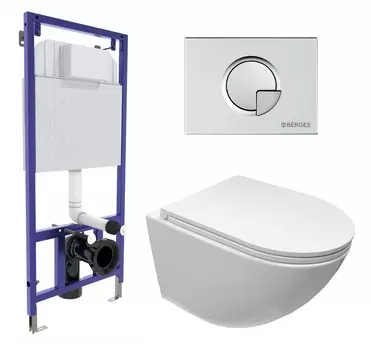 Комплект 3 в 1 инсталляция Berges Wasserhaus Novum 040222 + Подвесной безободковый унитаз Cerutti Spa Sella aria CT9529 + кнопка хром матовая
