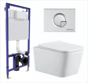 Комплект 3 в 1 инсталляция Berges Wasserhaus Novum 040222 + Подвесной унитаз SinteSi BALTI + кнопка хром матовая