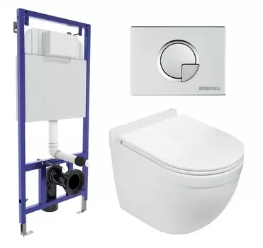 Комплект 3 в 1 инсталляция Berges Wasserhaus Novum 040222 + Подвесной унитаз WeltWasser Heimbach 043 GL-WT + кнопка хром матовая