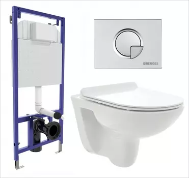 Комплект 3 в 1 инсталляция Berges Wasserhaus Novum 040222 + Унитаз подвесной AQUAme AQM2008 + кнопка хром матовая