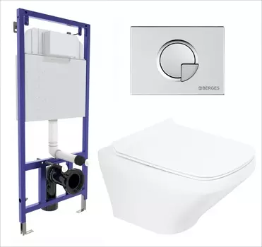 Комплект 3 в 1 инсталляция Berges Wasserhaus Novum 040222 + Унитаз подвесной BelBagno Sela BB3201CHR + кнопка хром матовая