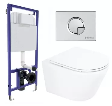 Комплект 3 в 1 инсталляция Berges Wasserhaus Novum 040222 + Унитаз подвесной BelBagno Tre BB8001CHR/SC + кнопка хром матовая