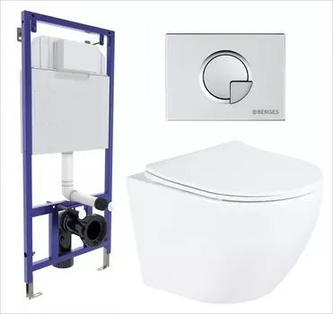 Комплект 3 в 1 инсталляция Berges Wasserhaus Novum 040222 + Унитаз подвесной BelBagno Uno BB3105CHR/SC + кнопка хром матовая