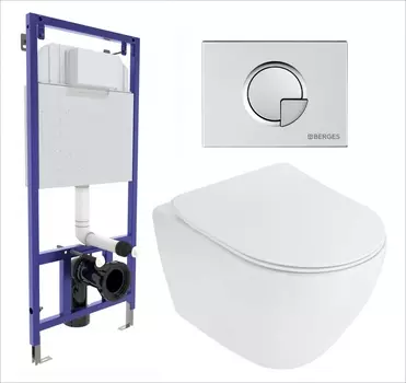 Комплект 3 в 1 инсталляция Berges Wasserhaus Novum 040222 + Унитаз подвесной Cezares Stylus CZR-513-TH-R + кнопка хром матовая