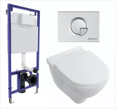 Комплект 3 в 1 инсталляция Berges Wasserhaus Novum 040222 + Унитаз подвесной Villeroy & Boch O Novo Directflush + кнопка хром матовая
