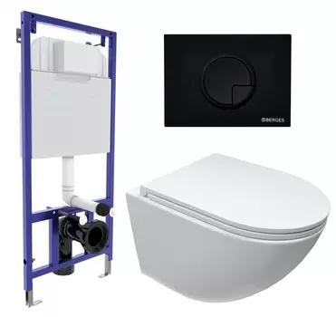 Комплект 3 в 1 инсталляция Berges Wasserhaus Novum 040225 + Подвесной безободковый унитаз Cerutti Spa Sella aria CT9529 Tornado + кнопка черная