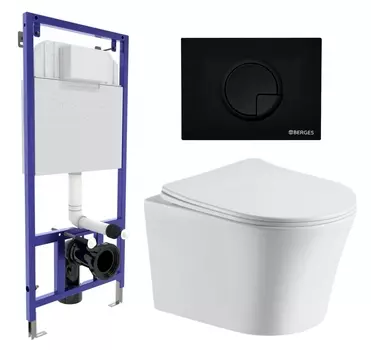 Комплект 3 в 1 инсталляция Berges Wasserhaus Novum 040225 + Подвесной унитаз CeruttiSpa Adige Aria CT7837 + кнопка черная