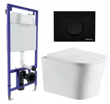 Комплект 3 в 1 инсталляция Berges Wasserhaus Novum 040225 + Подвесной унитаз CeruttiSpa Marmolada aria CT7778 + кнопка черная
