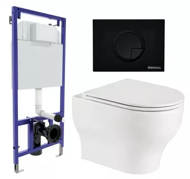 Комплект 3 в 1 инсталляция Berges Wasserhaus Novum 040225 + Подвесной унитаз WeltWasser Erlenbach 004 GL-WT + кнопка черная