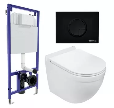 Комплект 3 в 1 инсталляция Berges Wasserhaus Novum 040225 + Подвесной унитаз WeltWasser Heimbach 043 GL-WT + кнопка черная