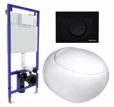 Комплект 3 в 1 инсталляция Berges Wasserhaus Novum 040225 + Подвесной унитаз WeltWasser Jeckenbach + кнопка черная