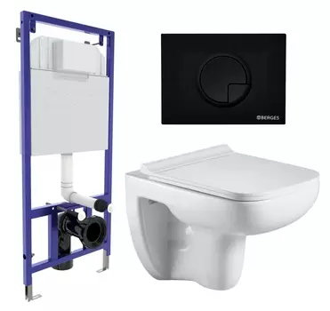 Комплект 3 в 1 инсталляция Berges Wasserhaus Novum 040225 + Подвесной унитаз WeltWasser Kehlbach 004 GL-WT + кнопка черная