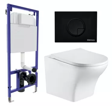 Комплект 3 в 1 инсталляция Berges Wasserhaus Novum 040225 + Подвесной унитаз WeltWasser Odenbach 004 GL-WT + кнопка черная