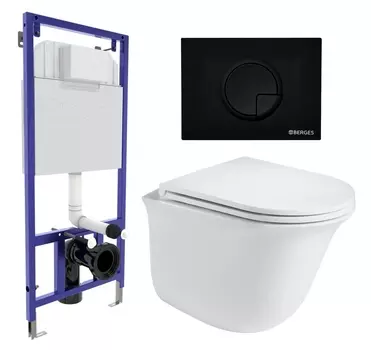 Комплект 3 в 1 инсталляция Berges Wasserhaus Novum 040225 + Подвесной унитаз WeltWasser Telbach 004 GL-WT + кнопка черная