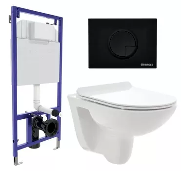 Комплект 3 в 1 инсталляция Berges Wasserhaus Novum 040225 + Унитаз подвесной AQUAme AQM2008 + кнопка черная