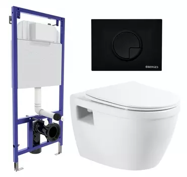 Комплект 3 в 1 инсталляция Berges Wasserhaus Novum 040225 + Унитаз подвесной BelBagno Loto BB070CHR/SC + кнопка черная
