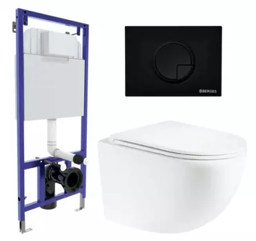 Комплект 3 в 1 инсталляция Berges Wasserhaus Novum 040225 + Унитаз подвесной Enio Unico + кнопка черная