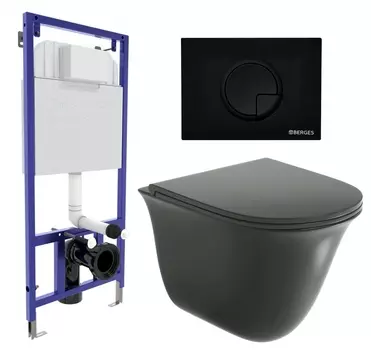 Комплект 3 в 1 инсталляция Berges Wasserhaus Novum 040225 + Унитаз подвесной Grossman GR-4412BMS + кнопка черная