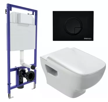 Комплект 3 в 1 инсталляция Berges Wasserhaus Novum 040225 + Унитаз подвесной Jacob Delafon Struktura EDE102-00 + кнопка черная