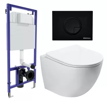 Комплект 3 в 1 инсталляция Berges Wasserhaus Novum 040225 + Унитаз подвесной SantiLine SL-5005 + кнопка черная