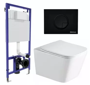 Комплект 3 в 1 инсталляция Berges Wasserhaus Novum 040225 + Унитаз подвесной SantiLine SL-5007 + кнопка черная