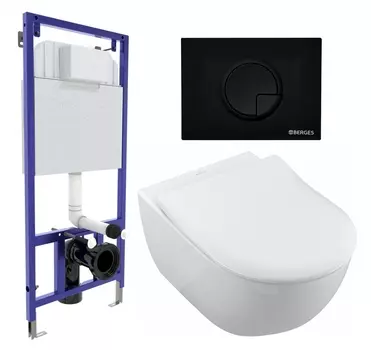 Комплект 3 в 1 инсталляция Berges Wasserhaus Novum 040225 + Унитаз подвесной Villeroy & Boch Subway 2.0 5614R201 + кнопка черная