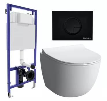 Комплект 3 в 1 инсталляция Berges Wasserhaus Novum 040225 + Унитаз подвесной VitrA Sento 7748В003-0075 + кнопка черная