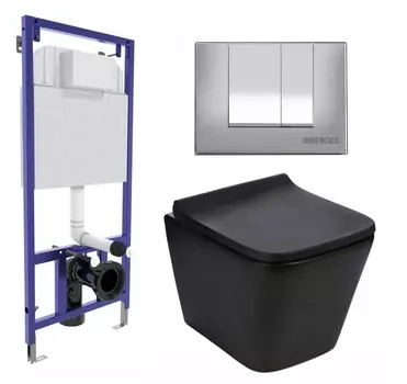 Комплект 3 в 1 инсталляция Berges Wasserhaus Novum 040242 + Подвесной унитаз WeltWasser Gelbach 041 MT-BL + кнопка хром матовая